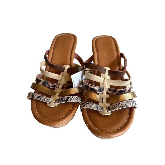 Lane Bryant Womens Multi-Strap Cork Wedge Sandals Size 10W Brown Gold Snake Prin - Picture 1 of 8